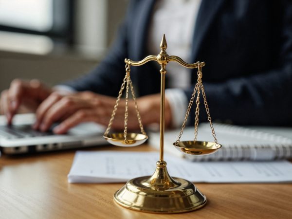 Balanzas de justicia en despacho de abogado